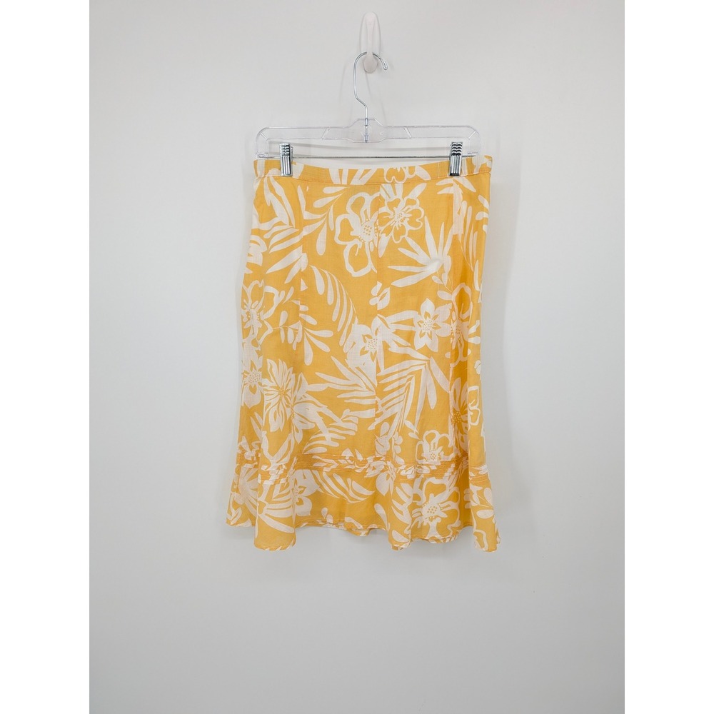 Chicos Midi Skirt Womens Medium Yellow Floral Tropical Cotton Ruffle Vacation - Picture 5 of 8